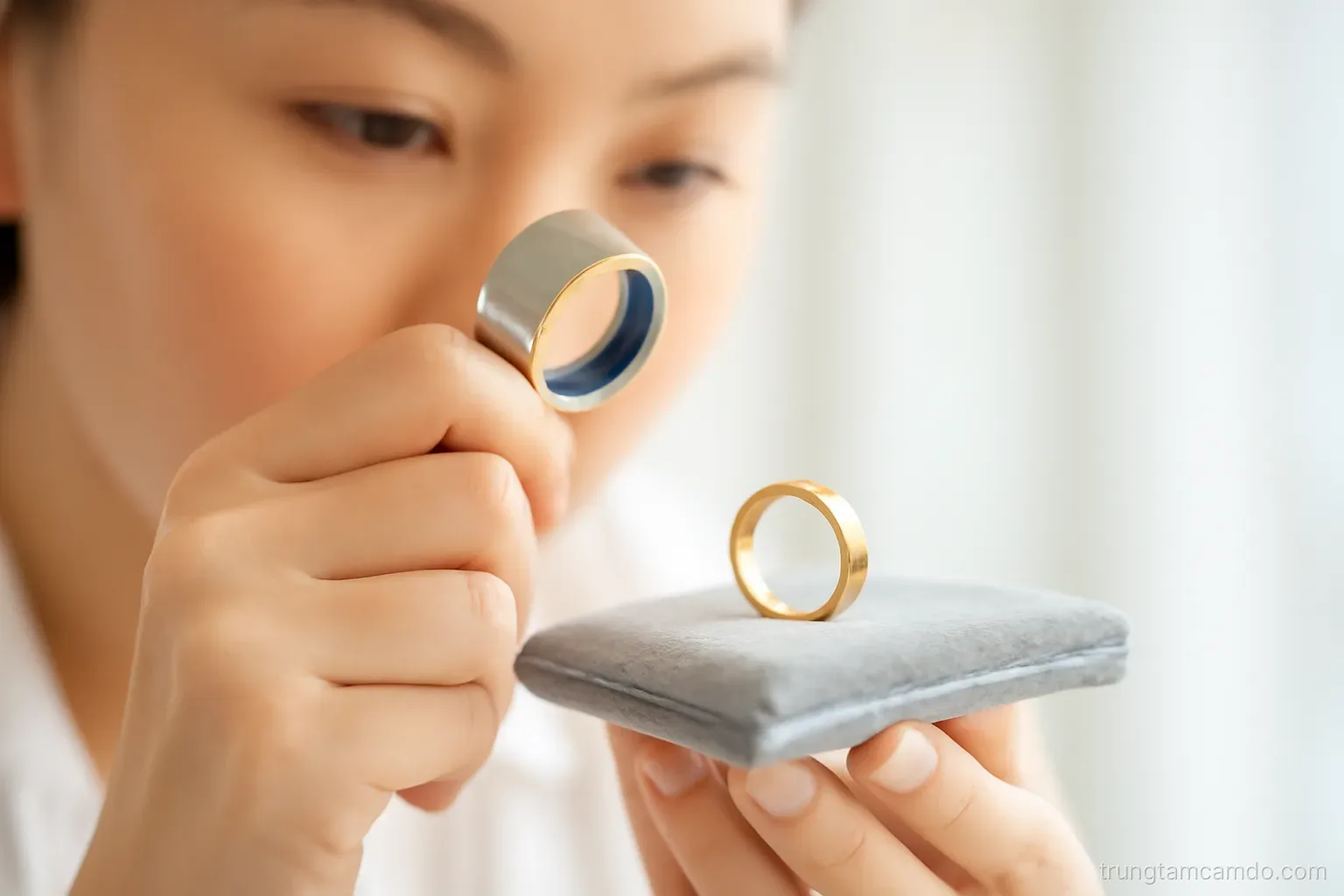 Macro close-up of a Vietnamese appraiser holding a jeweler loupe over a plain gold ring on a grey velvet pad, shallow depth of field, cool white light, champagne tones