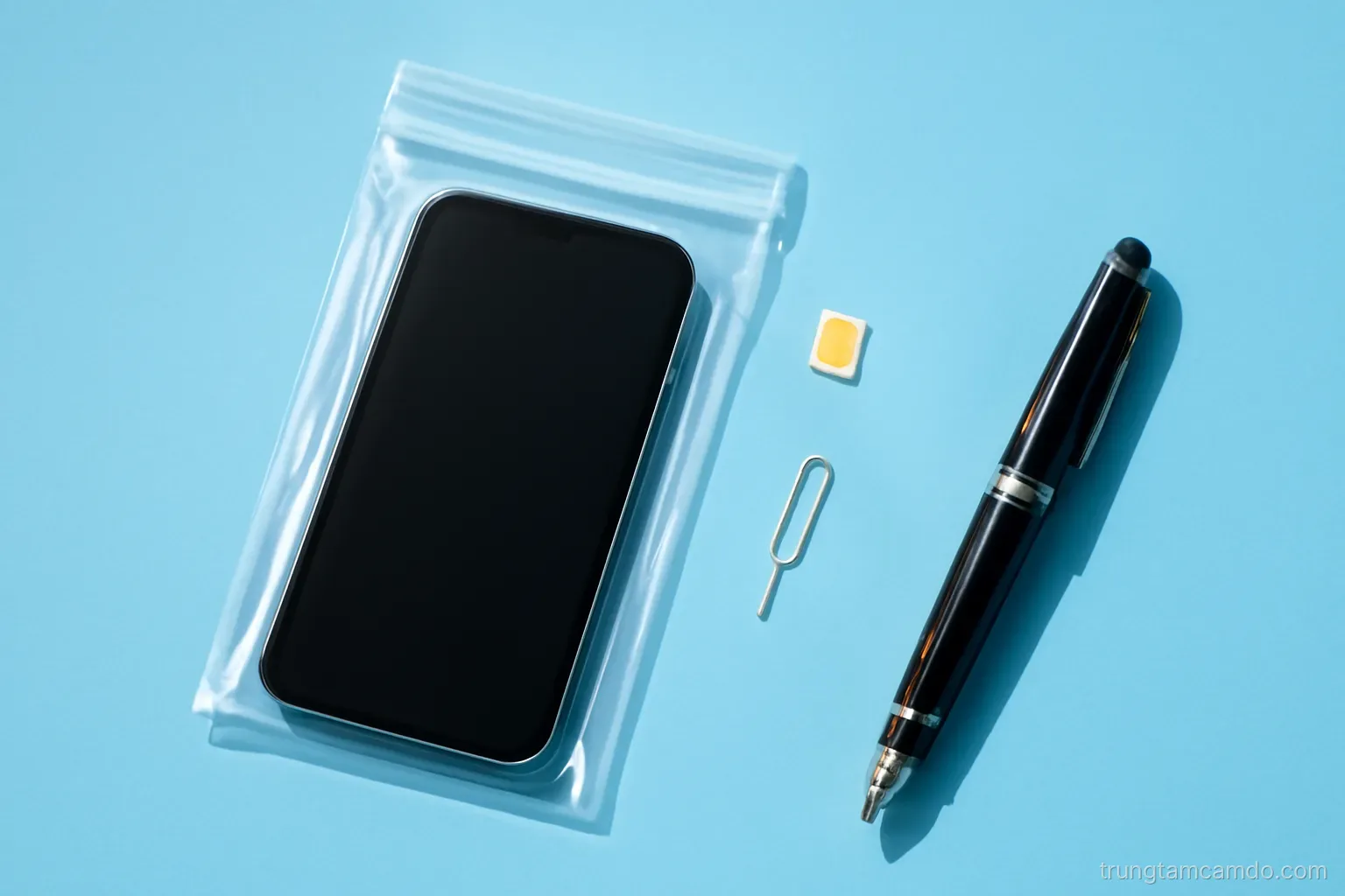 Top-down flat lay of a powered-off smartphone in a clear sealed pouch beside a SIM tray pin, small SIM card and a fountain pen on a sky blue desk, crisp natural light