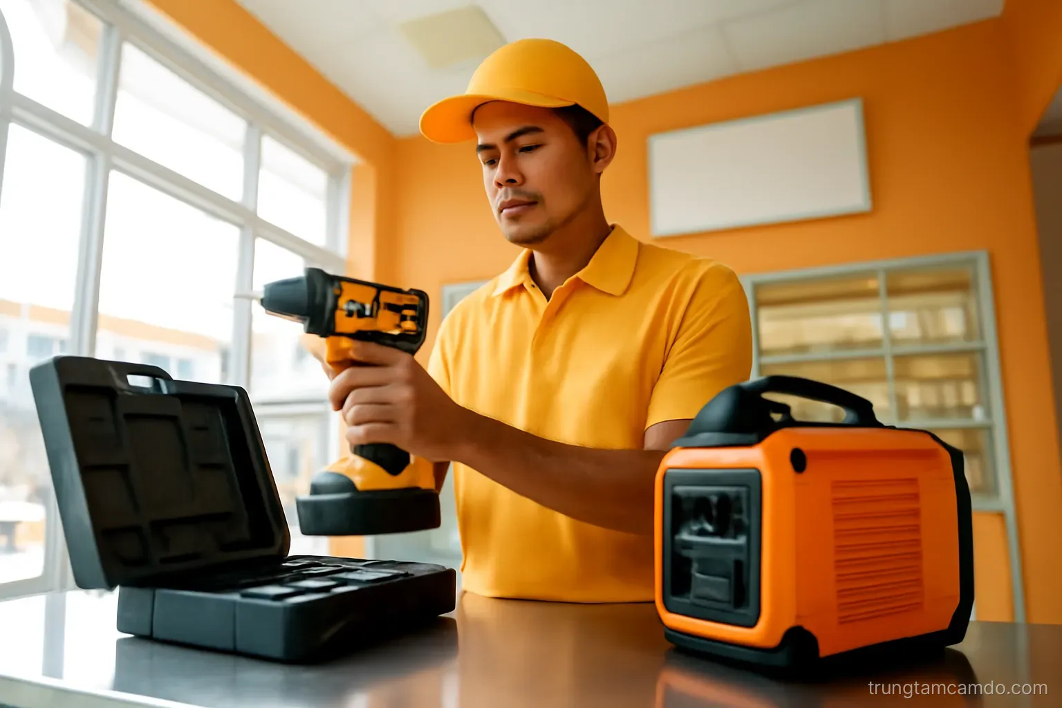 Low angle wide shot of a Vietnamese worker setting a cordless drill kit and a compact generator on a clean steel counter in a bright pawn shop, warm orange and slate palette