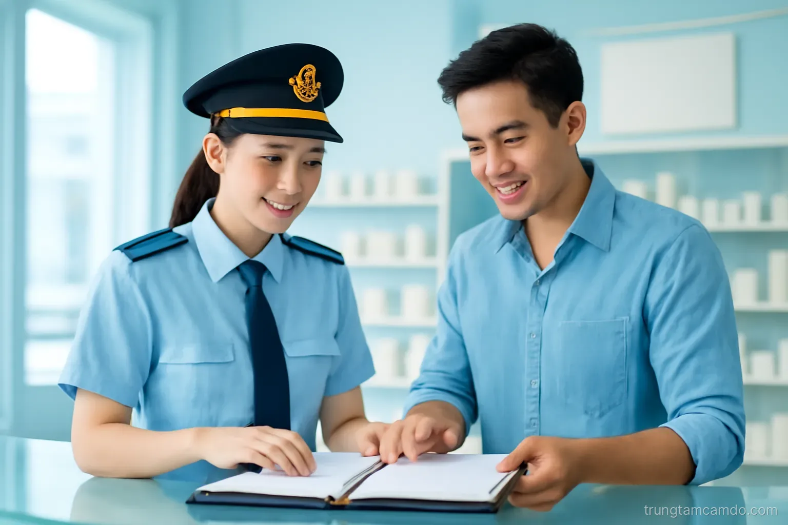 Eye-level shot of a Vietnamese female officer in a light blue shirt and a shop owner reviewing a closed binder together at a glass counter, soft overhead light, sky blue tones