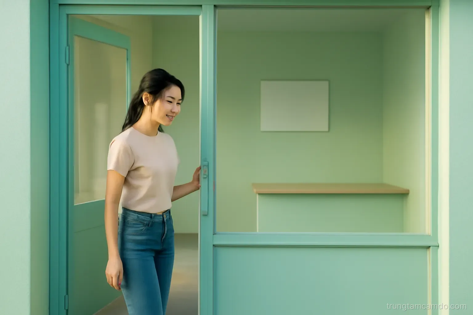 Wide shot of a young Vietnamese woman unlocking the glass door of a small, freshly painted shop at morning, empty counter inside, pale mint walls, soft sunrise light