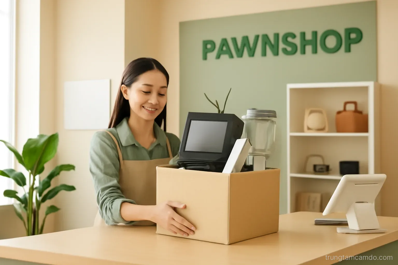 Wide shot of a bright modern pawn counter where a young Vietnamese woman gently pushes back a cardboard box of old appliances, staff smiling politely, warm beige and green light