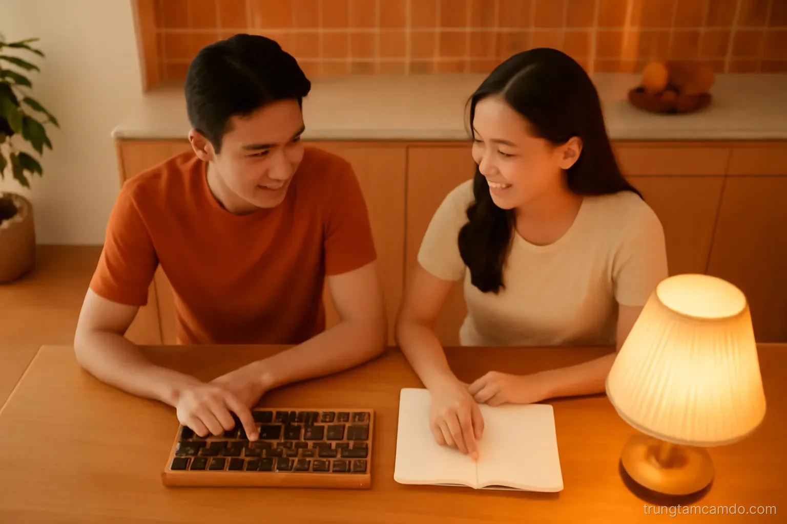 Bird's-eye view of a Vietnamese couple at a wooden kitchen table at dusk, a wooden abacus and blank notepad between them, warm amber lamp light, terracotta tones