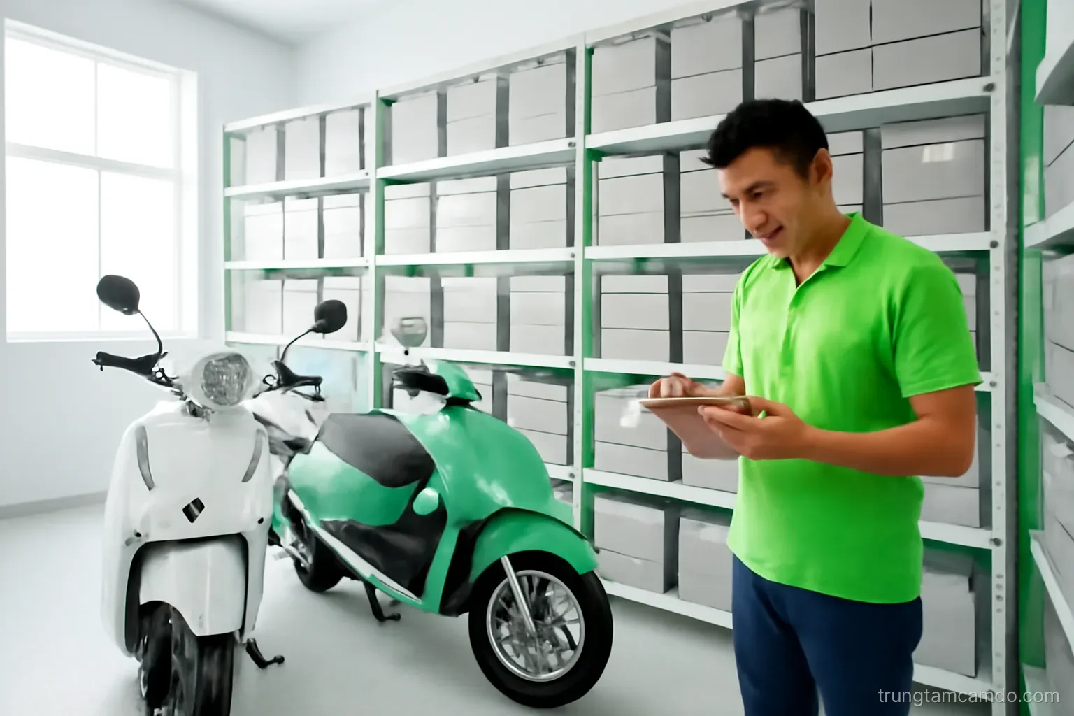 Bright storage room with neat steel shelves of sealed grey boxes and two parked scooters, a Vietnamese staff member checking a clipboard, wide angle, clean white light, green accents