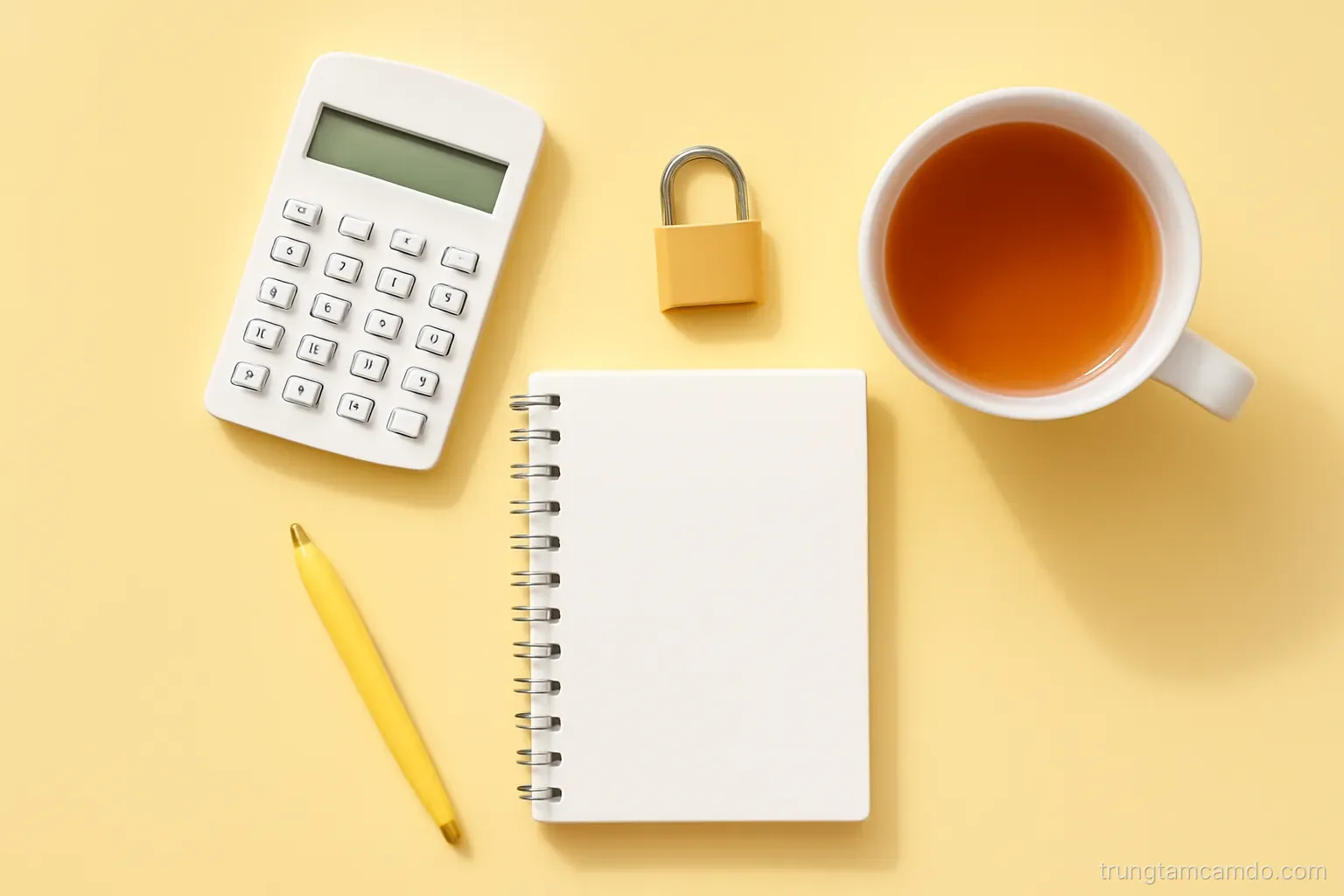 Top-down flat lay of a calculator, small brass padlock, blank notebook, pen and a cup of tea on a pale yellow desk, bright natural light, cheerful pastel palette