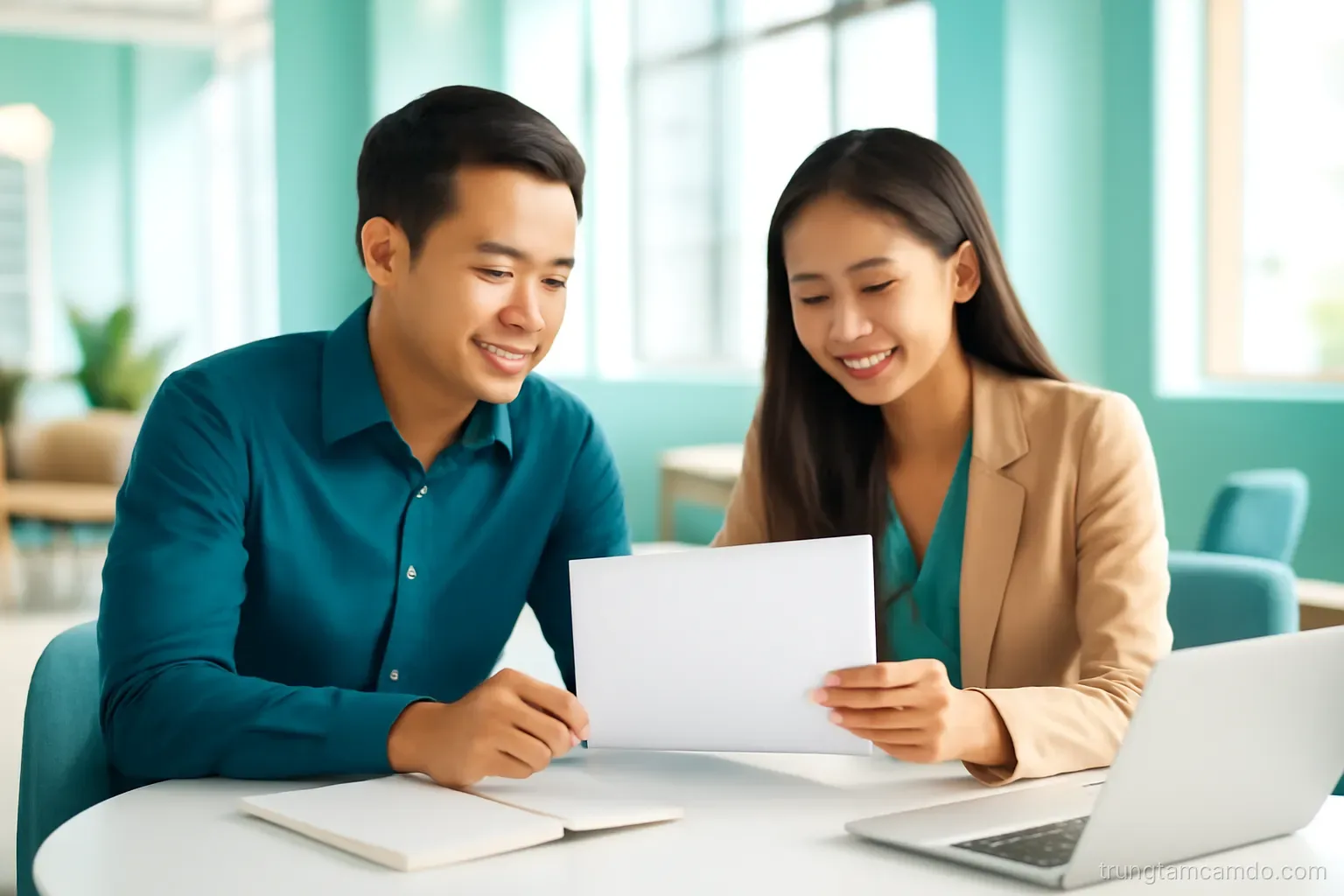 Two Vietnamese business partners, a man and a woman, comparing notes at a round white table in a bright co-working space, eye-level medium shot, teal and sand colors