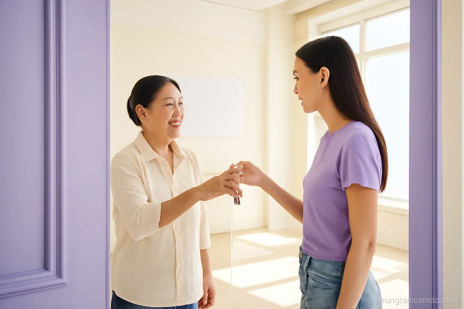 Medium shot through an open doorway of an older Vietnamese shop owner handing a ring of keys to a younger woman in an emptied bright shopfront, afternoon sun, lavender and cream palette