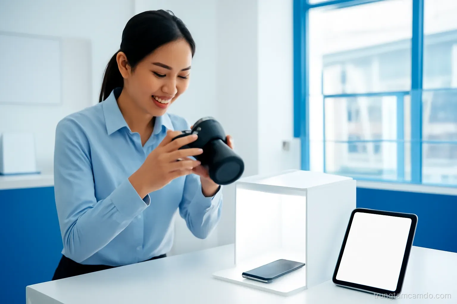 Low angle shot of a Vietnamese clerk photographing a smartphone on a small white light box at a tidy pawn counter, blank glowing tablet nearby, crisp daylight, blue accents