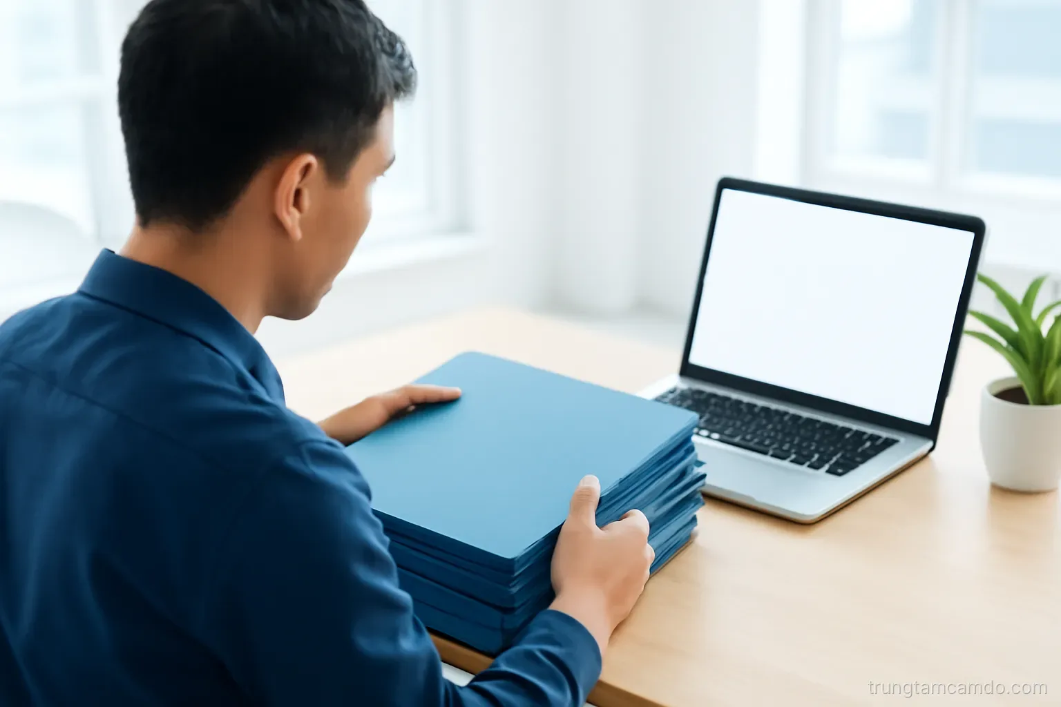 Over-the-shoulder view of a Vietnamese man sorting a neat stack of blank folders on a light oak desk, laptop with blank glowing display, bright office, navy and white tones