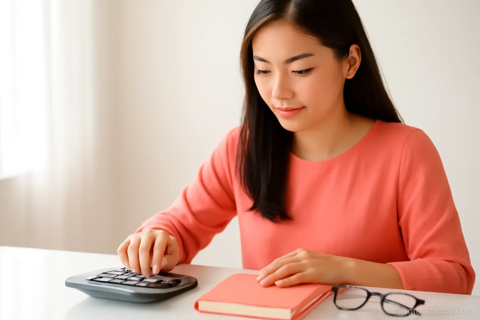 Close-up of a Vietnamese woman entrepreneur tapping a calculator beside a closed ledger and reading glasses on a white marble counter, morning light, soft coral accents