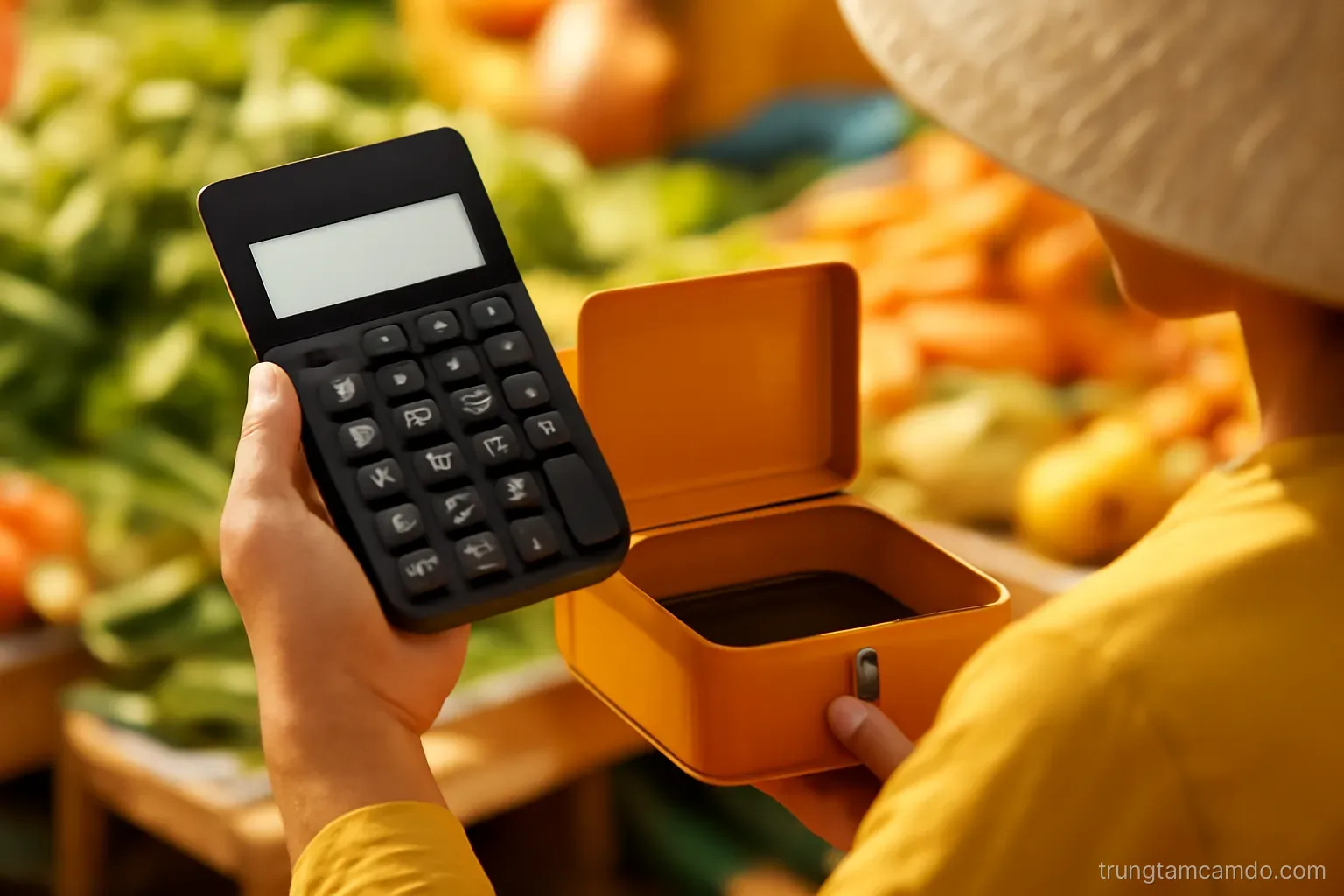 Close-up of a Vietnamese street vendor hands holding a smartphone calculator with blank glowing display beside a small cash box on a market stall, warm afternoon light, orange tones